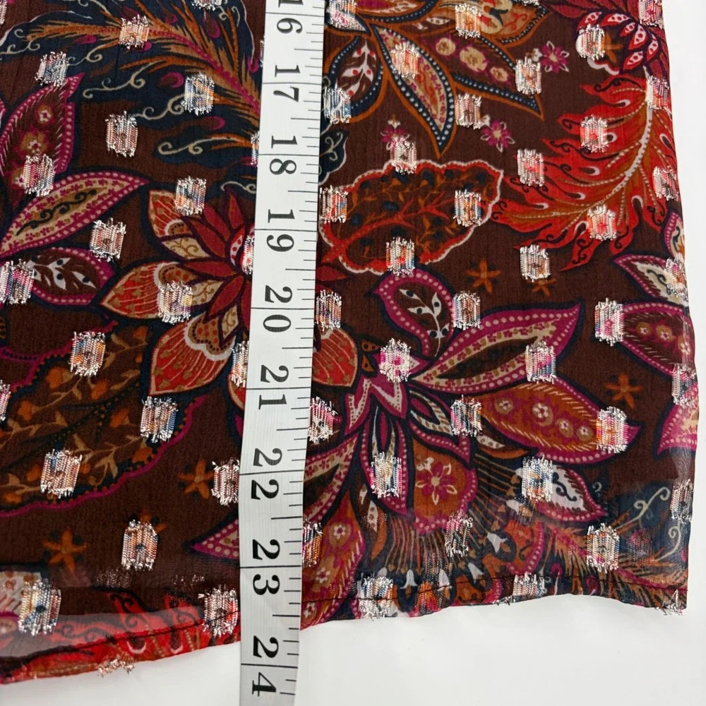 LOFT Womens Medium Burgundy Floral Metallic Clip Dot V-Neck Long Sleeve Blouse